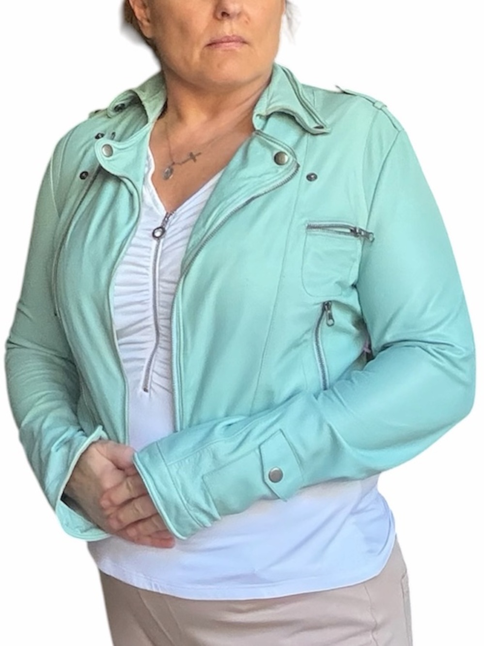 Light teal/ Mint Green Genuine Leather Moto Jacket, size medium